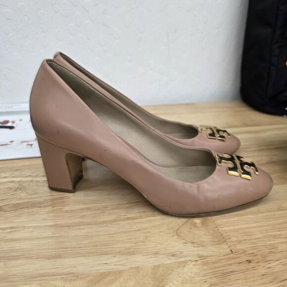 Tory Burch 'Raleigh' Leather Pump Logo Toe - Blush Oak - Size 7 - Picture 2 of 11